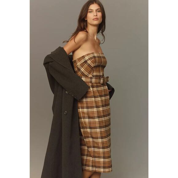 NWT Anthropologie Strapless Belted Midi Dress $178 SIZE 6 Brown PLAID Wool - Picture 2 of 5